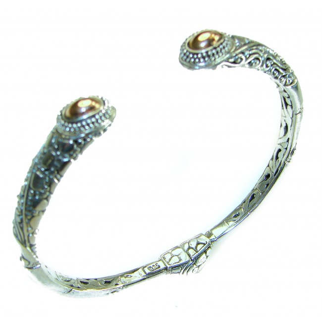 Bali Legacy 2 tones .925 Sterling Silver handcrafted bracelet - Bali Legacy silver bracelet with stone, angled top view.