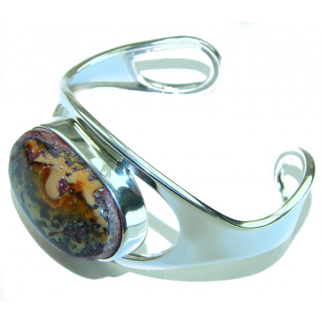 Arizona Sun Lights 44.2 carat Mexican Opal handmade .925 Sterling Silver Bracelet / Cuff - Side view of Arizona Sun Lights Mexican Opal bracelet in silver setting