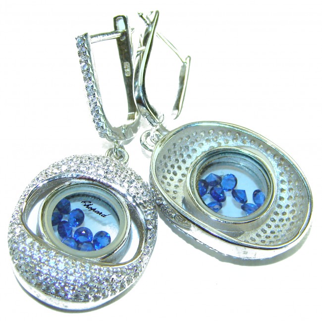 Floating Memories 8.5 carat Sapphire .925 Sterling Silver Handcrafted Statement earrings - Close-up of Floating Memories Sapphire Sterling Silver Earrings