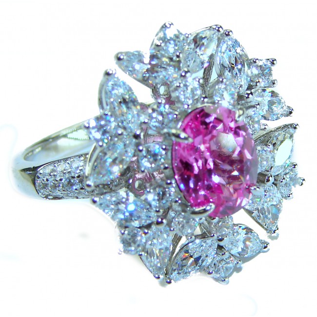 Real Beauty 3.6 carat oval cut Pink Sapphire .925 Silver handcrafted Cocktail Ring s. 7 1/4 - Close-up of oval pink sapphire ring with diamond accents