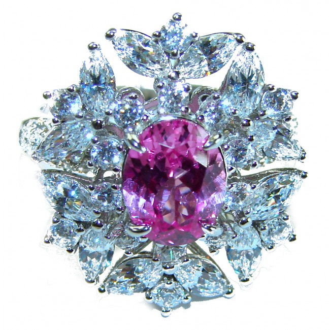 Real Beauty 3.6 carat oval cut Pink Sapphire .925 Silver handcrafted Cocktail Ring s. 7 1/4 - Close-up of pink sapphire ring set in silver with diamond accents.