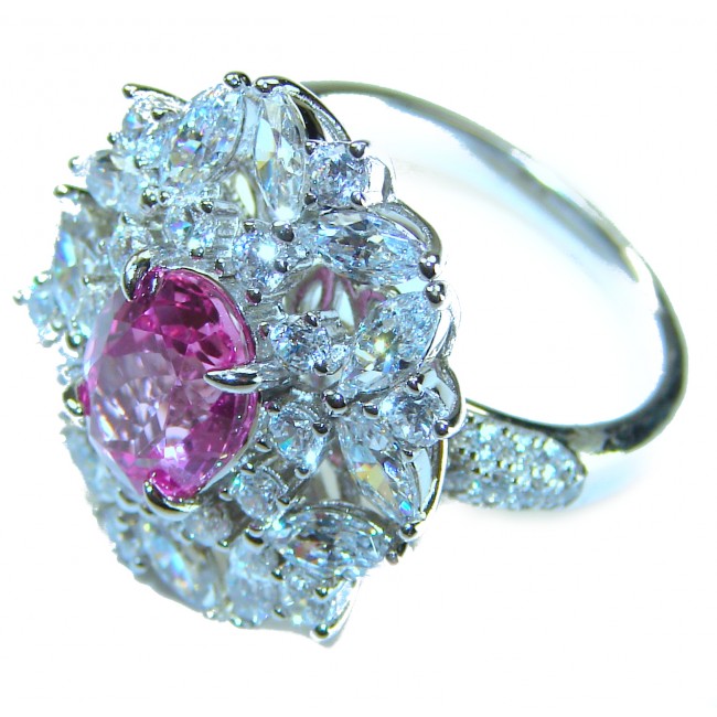 Real Beauty 3.6 carat oval cut Pink Sapphire .925 Silver handcrafted Cocktail Ring s. 7 1/4 - Close-up of oval cut pink sapphire ring with silver band and accents.