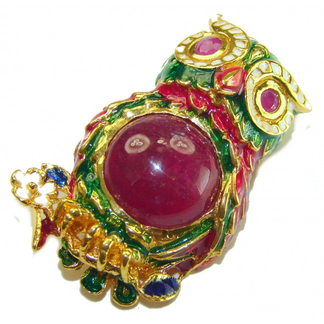 Wisdom and Unseen World - Owl- Genuine 10.5 carat Ruby enamel .925 Sterling Silver handmade Pendant - Brooch - Owl jewelry with 10.5 carat ruby, top view.