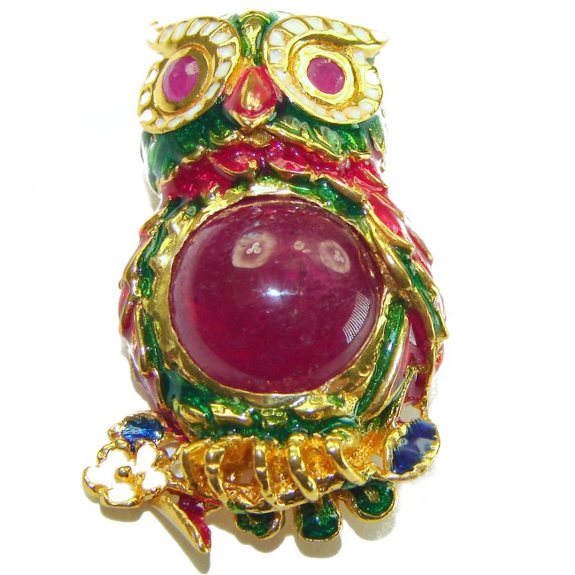 Wisdom and Unseen World - Owl- Genuine 10.5 carat Ruby enamel .925 Sterling Silver handmade Pendant - Brooch - Owl brooch with 10.5 carat ruby, enamel details, front view.
