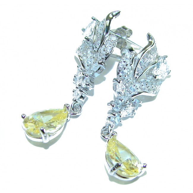 Luxurious 4.9 CARAT authentic yellow Sapphire .925 Sterling Silver handmade Earrings - Close-up of luxurious yellow sapphire sterling silver earrings.