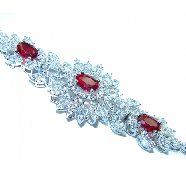 7.5 carat Ruby .925 Sterling Silver handmade Statement Bracelet - Top view of ruby and silver bracelet with intricate details