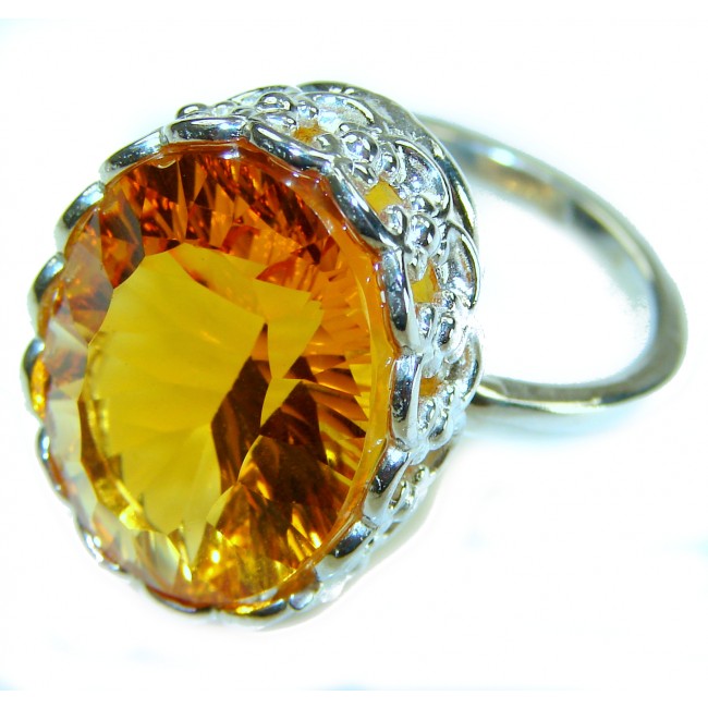 Solid 18.8 carat Genuine Lemon Quartz .925 Sterling Silver handcrafted ring size 8 3/4 - Close-up of 18.8 carat lemon quartz ring in .925 sterling silver setting.