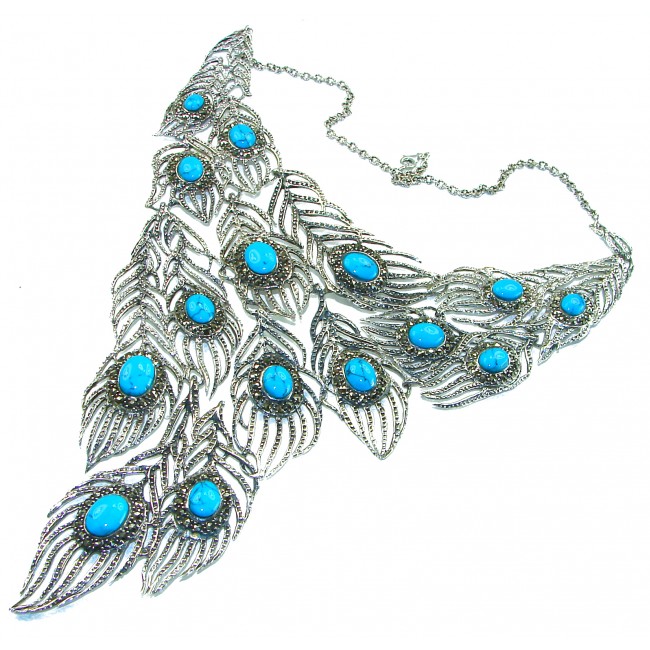 HUGE 102.9 grams Peacock Feather design genuine Turquoise .925 Sterling Silver handcrafted Necklace