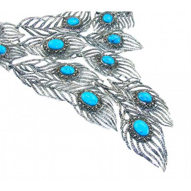HUGE 102.9 grams Peacock Feather design genuine Turquoise .925 Sterling Silver handcrafted Necklace