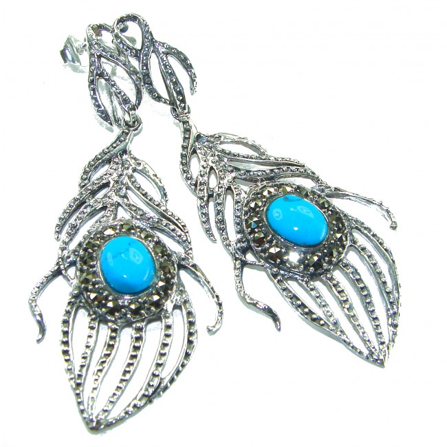 Peacock Feather design genuine Turquoise .925 Sterling Silver handcrafted Earrings