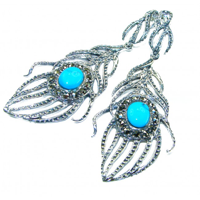 Peacock Feather design genuine Turquoise .925 Sterling Silver handcrafted Earrings