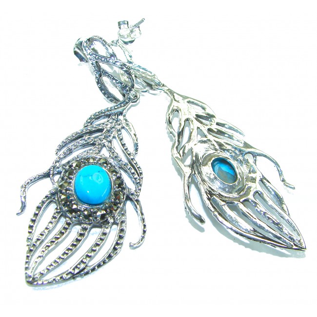 Peacock Feather design genuine Turquoise .925 Sterling Silver handcrafted Earrings