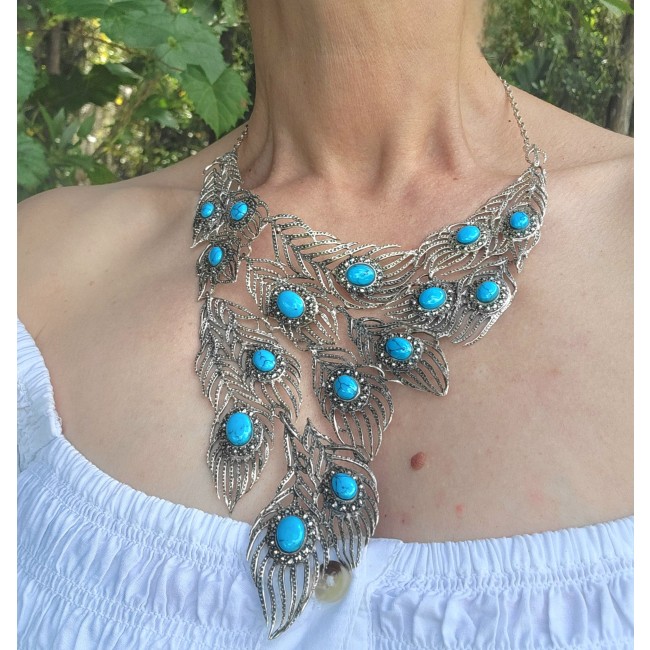 HUGE 102.9 grams Peacock Feather design genuine Turquoise .925 Sterling Silver handcrafted Necklace