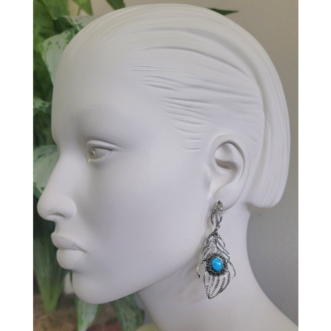 Peacock Feather design genuine Turquoise .925 Sterling Silver handcrafted Earrings
