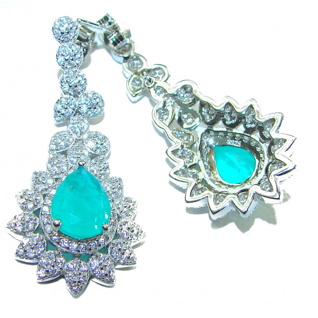 Royalty 8.2 carat Emerald .925 Sterling Silver Statement earrings - Close-up of emerald and diamond sterling silver earrings.