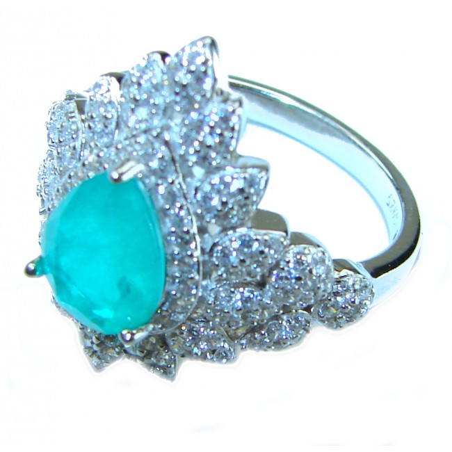 Vintage style - Timless Beauty 4.5 carat Emerald .925 Sterling Silver handcrafted Statement ring s. 7 1/2 - Side view of vintage-style emerald and diamond sterling silver ring.