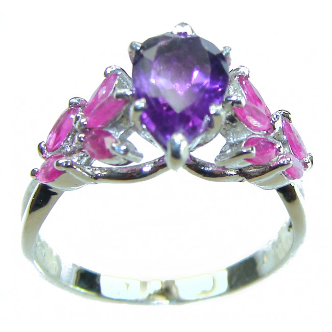 Natural cushion cut 1.4 carat Amethyst Ruby .925 Sterling Silver handmade Statement Ring size 7