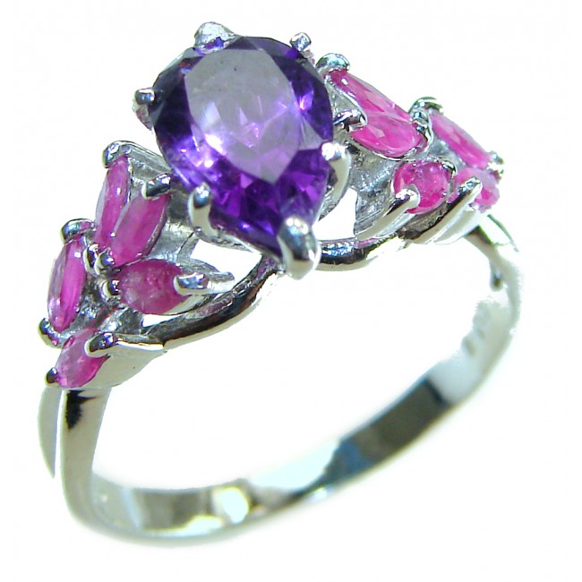 Natural cushion cut 1.4 carat Amethyst Ruby .925 Sterling Silver handmade Statement Ring size 7