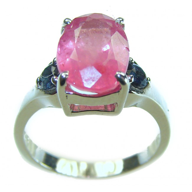 Crimson Fire 4.8 carat Authentic Ruby .925 Sterling Silver Handcrafted Ring size 5 - Close-up of Crimson Fire 4.8 carat ruby ring in sterling silver, side view.