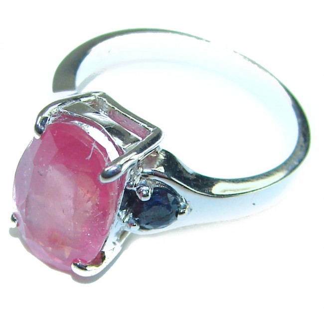 Crimson Fire 4.8 carat Authentic Ruby .925 Sterling Silver Handcrafted Ring size 5 - Side view of Crimson Fire 4.8 carat ruby ring in sterling silver.