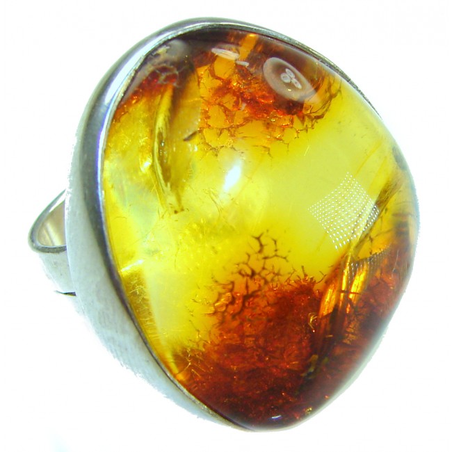Large the best quality Natural Baltic Amber .925 Sterling Silver handcrafted ring; s. 7 adjustable - Close-up of large natural Baltic amber stone in .925 sterling silver ring