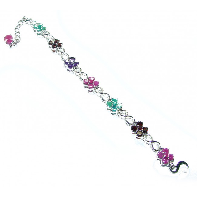 Gabriella 25.5 carat Genuine Ruby Emerald Sapphire .925 Sterling Silver handcrafted Bracelet - Gabriella bracelet top view, showcasing gemstones and clasp detail.