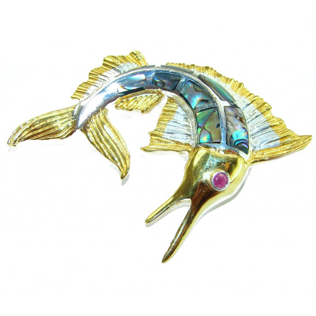 Precious Fish Natural Rainbow Abalone Ruby 14K Gold over .925 Sterling Silver handmade Pendant Brooch