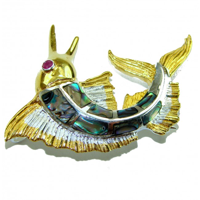 Precious Fish Natural Rainbow Abalone Ruby 14K Gold over .925 Sterling Silver handmade Pendant Brooch