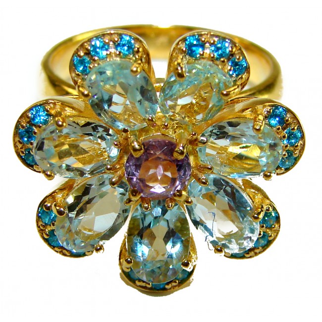 Blue Flower 12.8 carat Swiss Blue Topaz 14K Gold over .925 Sterling Silver handcrafted Large ring size 8 - photo 3
