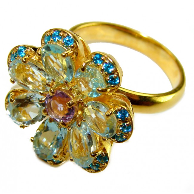 Blue Flower 12.8 carat Swiss Blue Topaz 14K Gold over .925 Sterling Silver handcrafted Large ring size 8 - photo 1