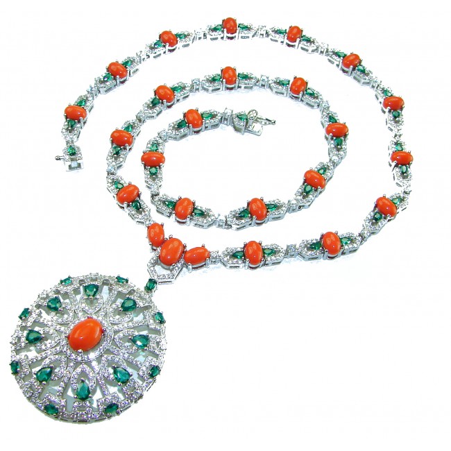 Serenity - 72.5 carat genuine Coral Emerald .925 Sterling Silver handmade Statement necklace