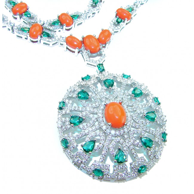 Serenity - 72.5 carat genuine Coral Emerald .925 Sterling Silver handmade Statement necklace