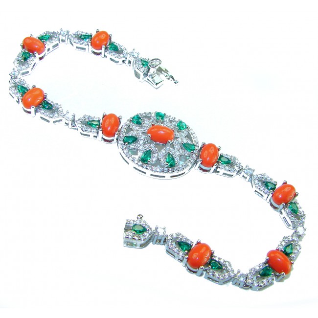 Serenity - 72.5 carat genuine Coral Emerald .925 Sterling Silver handmade Statement Bracelet