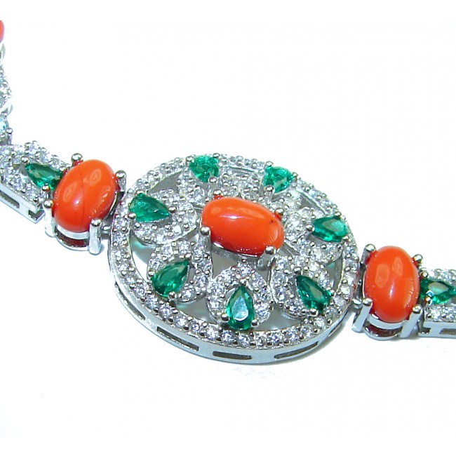 Serenity - 72.5 carat genuine Coral Emerald .925 Sterling Silver handmade Statement Bracelet