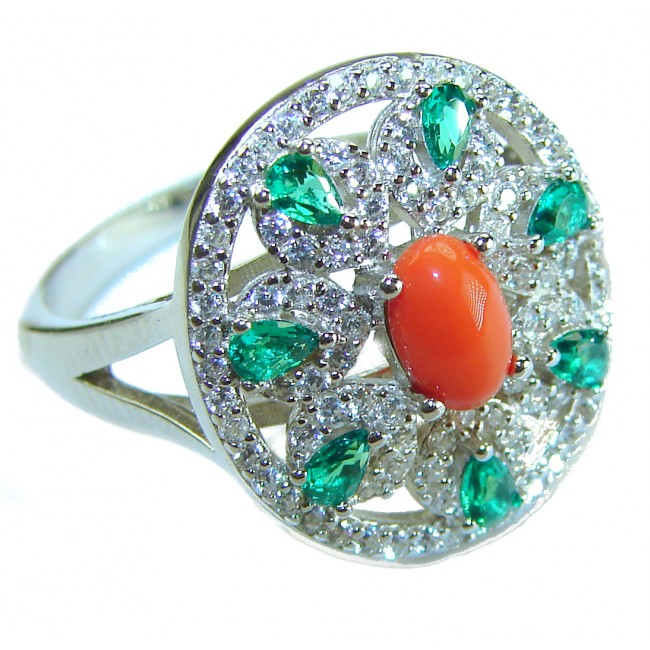 Serenity - 10.5 carat genuine Coral Emerald .925 Sterling Silver handmade ring s. 8