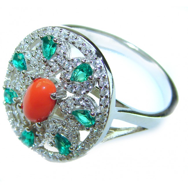 Serenity - 10.5 carat genuine Coral Emerald .925 Sterling Silver handmade ring s. 8