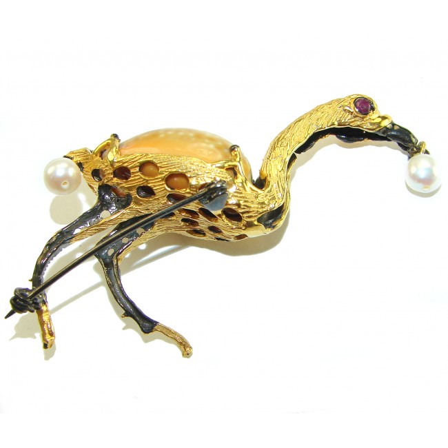 Colorful Precious Heron Natural Sea Shell 2 tones .925 Sterling Silver Brooch