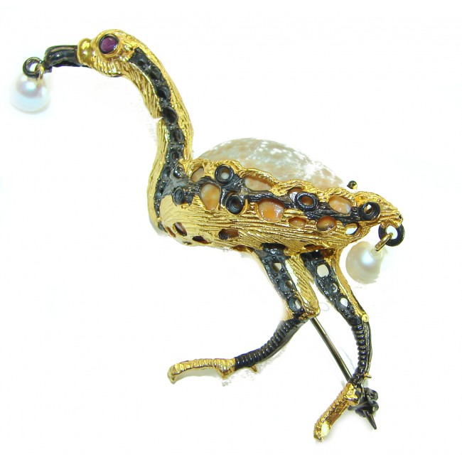 Colorful Precious Heron Natural Sea Shell 2 tones .925 Sterling Silver Brooch