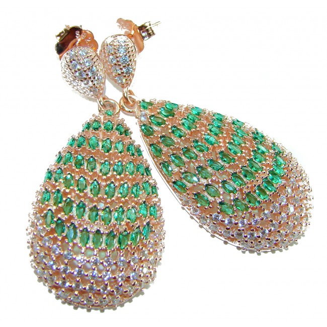 18.8 carat Emerald 18K Rose Gold over .925 Sterling Silver handmade Statement LONG Earrings - Emerald earrings close-up showing gemstones in 18K rose gold setting.