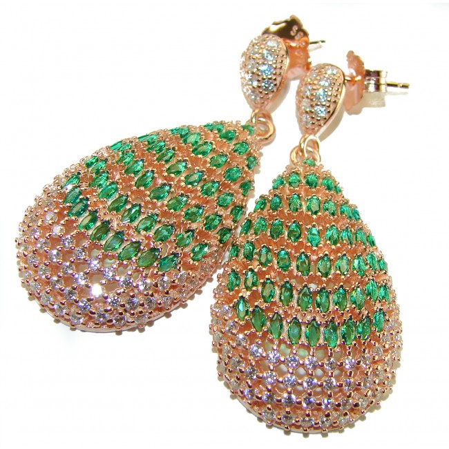 18.8 carat Emerald 18K Rose Gold over .925 Sterling Silver handmade Statement LONG Earrings - Close-up of 18.8 carat emerald earrings in 18K rose gold over silver.