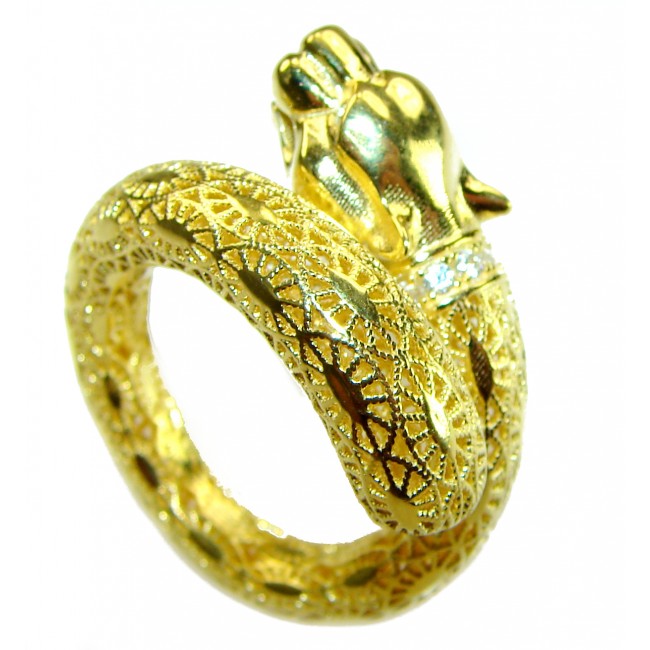 Cheetah authentic 18K Gold over .925 Sterling Silver handmade Statement Ring s. 7 1/2 - Ornate ring with cheetah head detail, side view, 18K gold over silver.