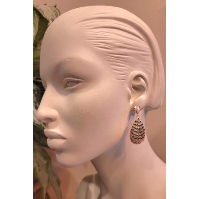 18.8 carat Emerald 18K Rose Gold over .925 Sterling Silver handmade Statement LONG Earrings - Earring side view on mannequin, 18.8 carat emerald, 18K rose gold.