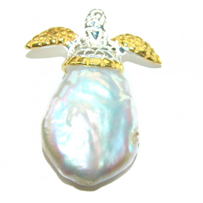 Good health and Long life Turtle Genuine Blister Pearl 14K Gold over .925 Sterling Silver handcrafted Pendant