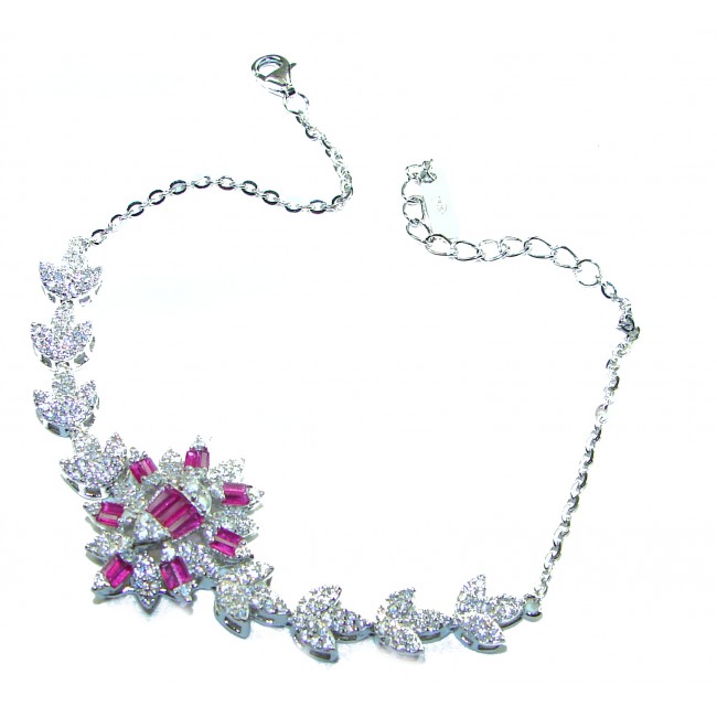 Art Deco - Precious Natural 18.5 carat Ruby .925 Sterling Silver handcrafted bracelet - Necklace with rubies and sterling silver, showing side view and clasp.