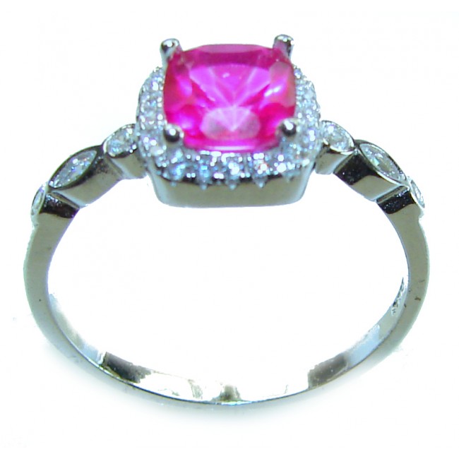 Real Beauty 3.1 carat cushion cut Pink Sapphire .925 Silver handcrafted Cocktail Ring s. 8 1/4 - Side view of silver ring with cushion cut pink sapphire centerpiece