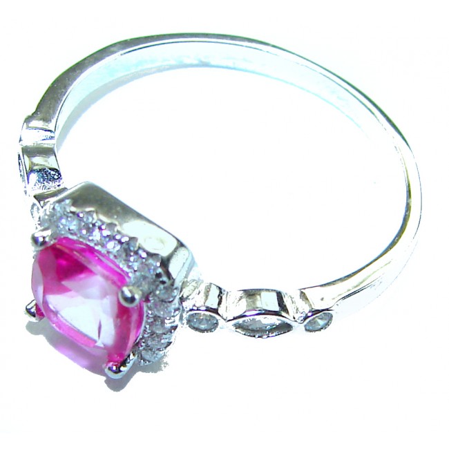 Real Beauty 3.1 carat cushion cut Pink Sapphire .925 Silver handcrafted Cocktail Ring s. 8 1/4 - Side view of pink sapphire ring with diamond accents in silver setting.