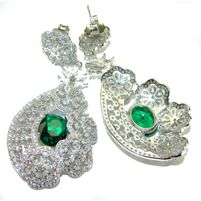 Special design! Opera - Precious - 11.8 carat Emerald .925 Sterling Silver handcrafted Statement earrings - Elegant earrings with emerald stone, front and back detail shown