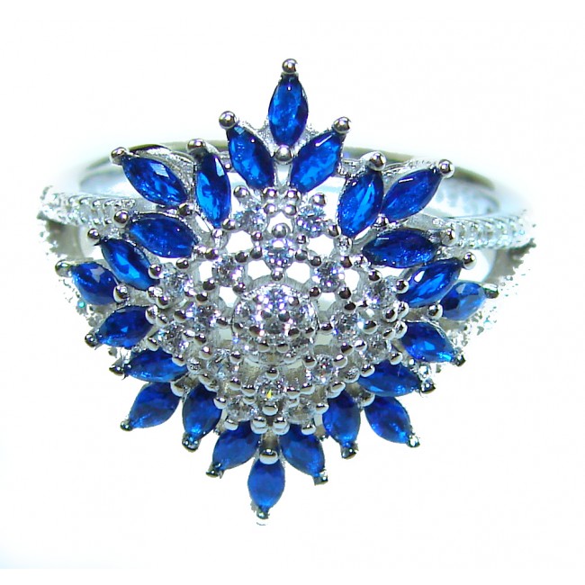Wild Oceanv 4.8 carat Authentic Sapphire .925 Sterling Silver Handcrafted Ring size 8 - Front view of Wild Oceanv ring with sapphires and sterling silver.