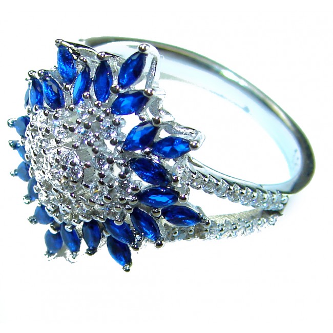 Wild Oceanv 4.8 carat Authentic Sapphire .925 Sterling Silver Handcrafted Ring size 8 - Side view of Wild Ocean 4.8 carat sapphire ring in sterling silver