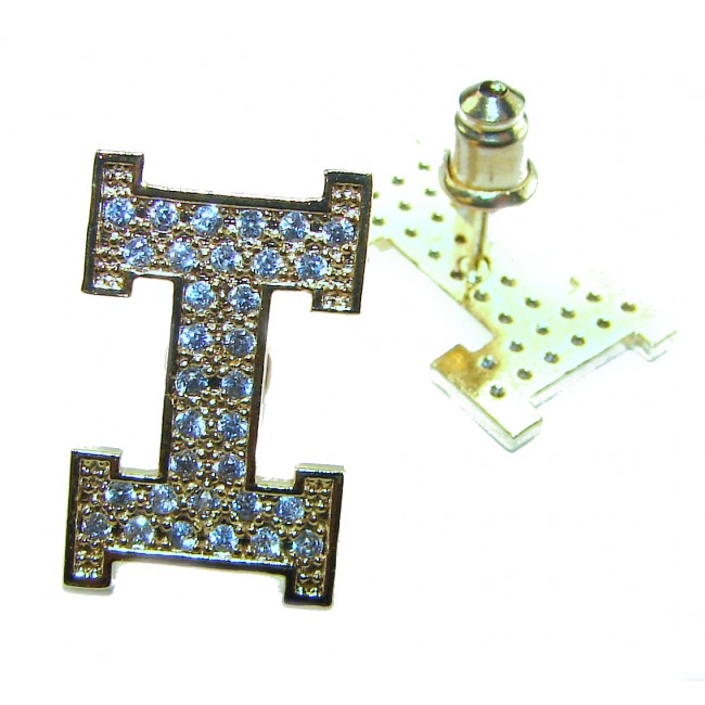 LETTER I White Sapphire 18K Gold over .925 Sterling Silver handcrafted Earrings